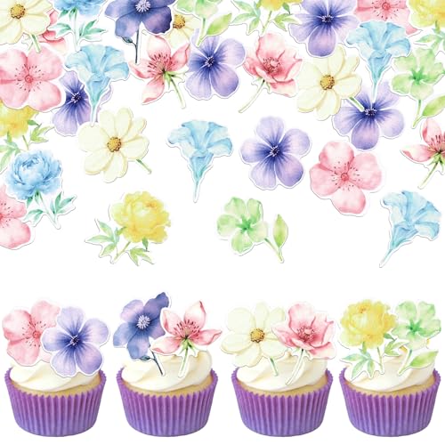 60 PCS Edible Flowers Cupcake Toppers Wafer Paper Daisy Rose Flower Cherry Cupcake Toppers Edible Flowers Cake Decorations for Baby Shower Wedding Birthday Valentine's Day Party Decorations Supplies (Pattern 2)