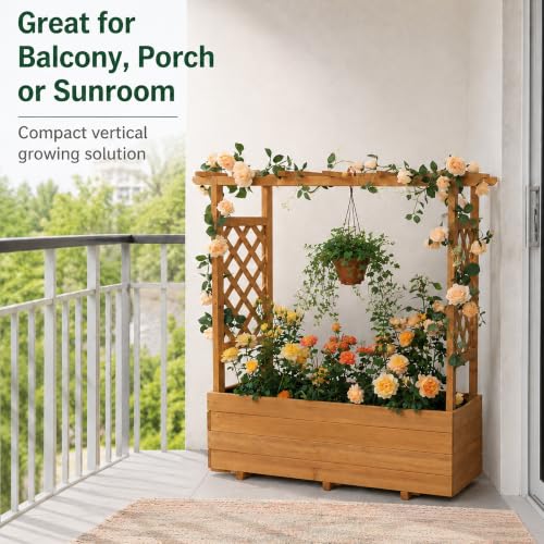 Raised Garden Bed with Arch Trellis & Hanging Roof for Climbing Plants (Brown / W55 x D17.5 x H44.5in)