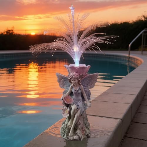 Fairy Garden Decor Statue Solar Fairy Garden Statues With Fiber Optic Light (White Fairy)