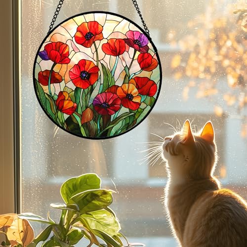 Red Poppy Flower Stained Glass Window Hanging Suncatcher Gifts for Mom 9.8" (Red / 9.8x9.8 IN)