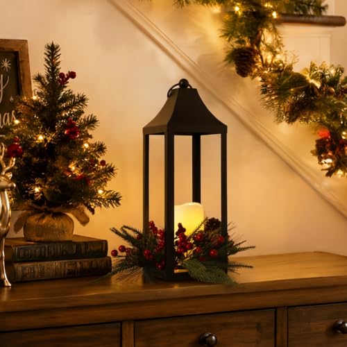 Black Metal Christmas Lantern with Flameless LED Candle Holiday Decor