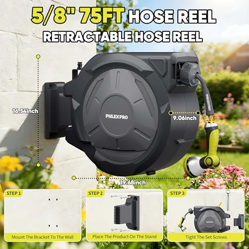 75 FT x 5 8" Retractable Garden Hose Reel with 3 (Green / 75FT-5/8")