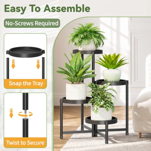 Plant Stand Indoor Outdoor with Large 10 Inch Plastic Tray (Solid Black with Large Tray / 4 Tier)
