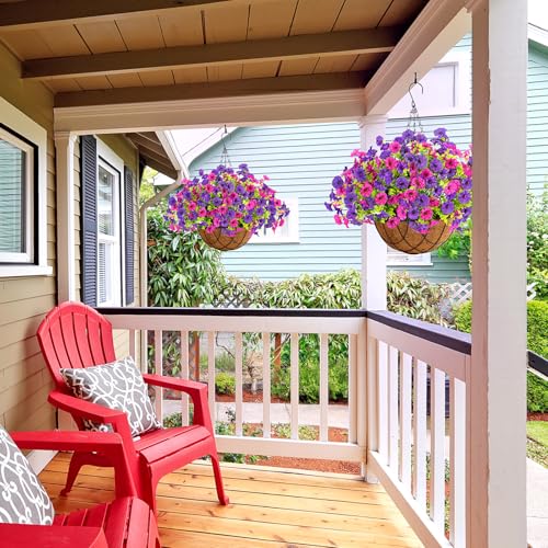 Artificial Fake Hanging Flowers with Basket for Outdoor Decor 12 Pcs UV Resistant Faux Silk Morning Glory Flowers Plants for Outdoor Outside Planters Home Porch Patio Balcony Spring Summer Décor (Dark Red&dark Violet)