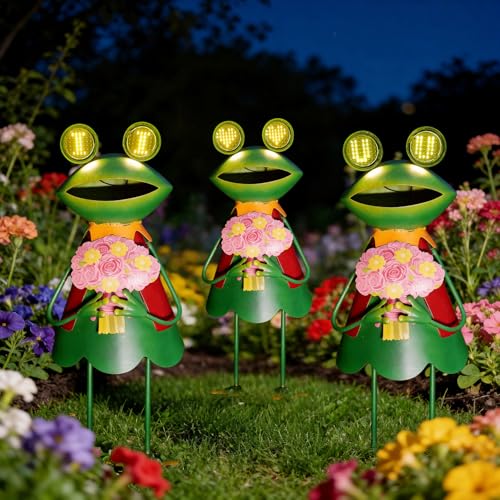 Solar Garden Statues 21" Loving Metal Frog Garden Decor Figurine Lights with LED Eyes for Patio (Solar Eyes Pink Flower Frog / 21 IN-1 PC)