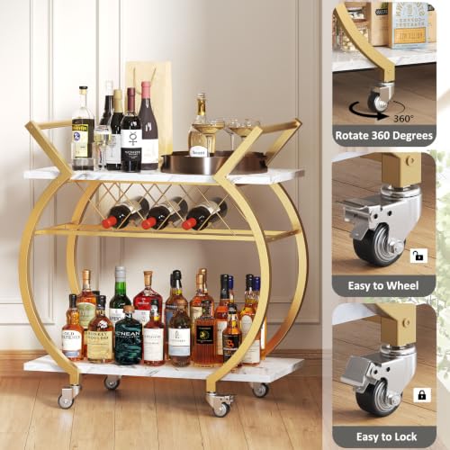 Gold Bar Cart with Wheels (Gold White Marble)