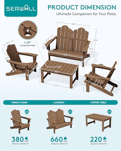 4 Pc HDPE Adirondack Set (Brown / 2 chair &1 bench &1 coffee table)