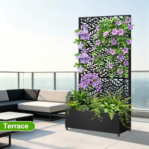 Metal Planter Box with Trellis (Black Leaf-shaped / 72"x35"x16")