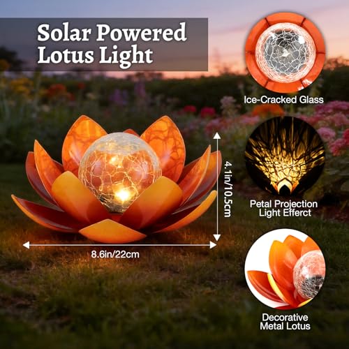 Solar Lights Outdoor Garden Decoration Crackle Globe Glass Waterproof LED Metal Orange Lotus Flowers Gift for Mom (Dazzling Blue)