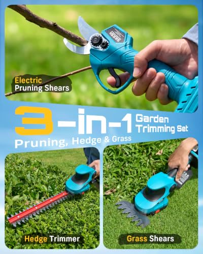 3-in-1 Electric Pruning Shears, Cordless Hedge Trimmer & Grass Shear (Seesii Blue)
