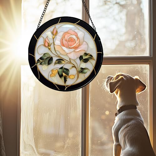 Pink Rose Stained Glass Window Hanging Suncatcher Gifts for Women 12"