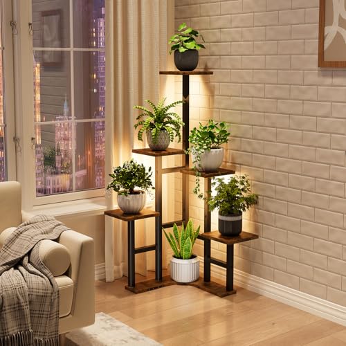 Corner Plant Stand Indoor with Grow Lights 6 Tiered Corner Plant Shelf (Rustic Brown(with Lights) / 6 Tier-Square)