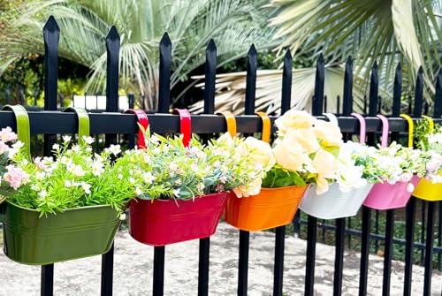 6 Pack 12" Colorful Metal Railing Planters with Hooks for Outdoor Fence (Oval - 11.8 Inch)