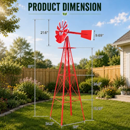 8FT Windmill for Yard Garden Decoration (Red)
