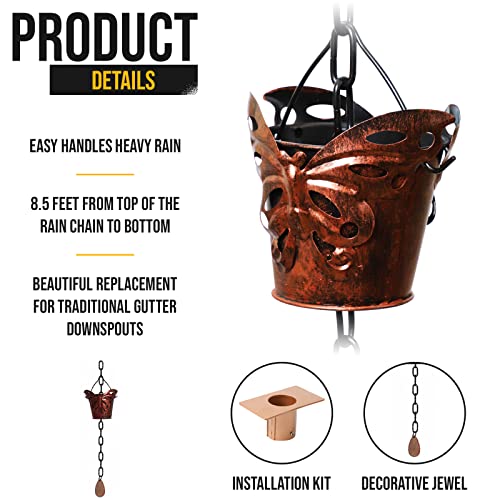 8.5FT Butterfly Iron Rain Chain for Gutters and Rain Barrel+Adapter (Bronze)
