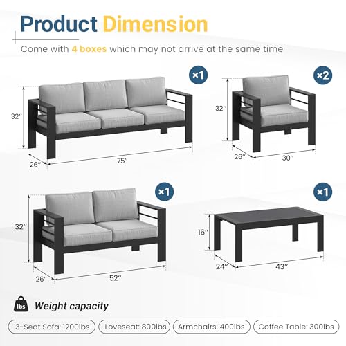 Aluminum Patio Furniture Set for All Weather (Black and Light Gray / 2 Armchair+Loveseat+3-Seat Sofa+Wood Top Table)