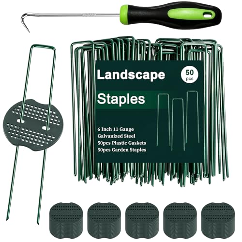 6 Inch 50 Pcs Galvanized Landscape Staples 50 Pcs Gaskets Pick Hook Garden Stakes 11 Gauge Anti (Green)