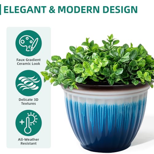 15" Large Planters for Outdoor Plants Set of 2 Plastic Flower Pots (15"-gradient Blue & White)