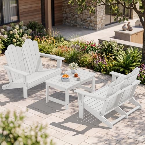 3 Piece Adirondack Bench Set (White / 2 bench & 1 coffee table)