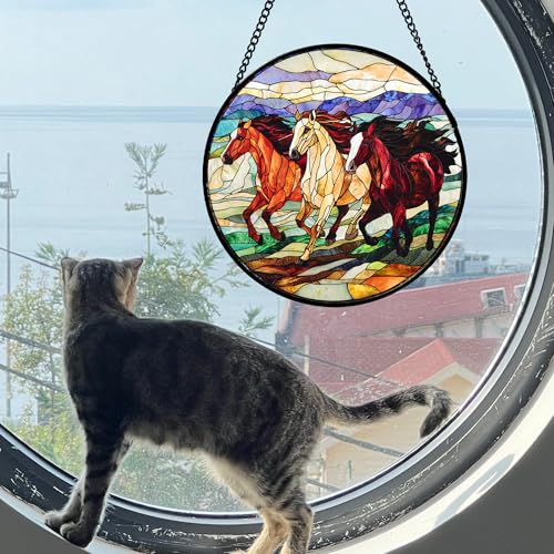 Running Horses Stained Glass Window Hanging Suncatcher Gift for Women 15" (White Brown / 14.9x14.9 IN)