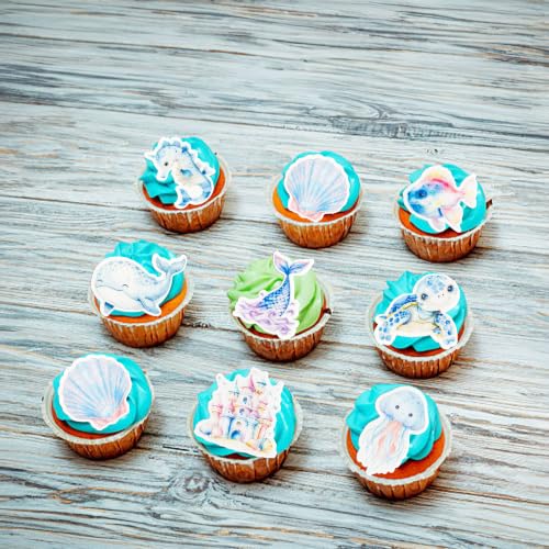 60Pcs Edible Under The Sea Cupcake Topper Edible Starfish Octopus Crab Jellyfish Dolphin Starfish Seahorse Cupcake Picks for Under the Sea Baby Shower Boys Girls Birthday Party Decorations (Red Blue Purple)
