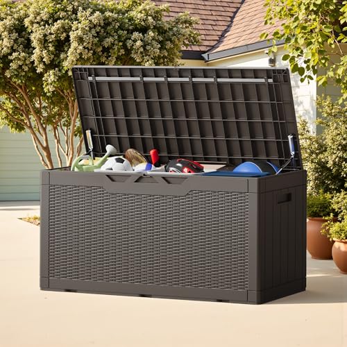 Outdoor Storage Box 100 Gallon Storage Bin with Lid for Patio Furniture (Dark Brown / 100 Gallon)