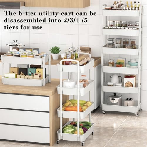 6 Tier Plastic Rolling Utility Cart with Wheels for Storage