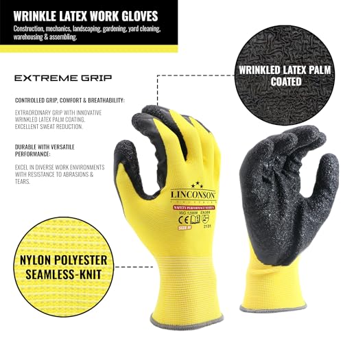12 Pack Safety Performance Series Construction Mechanics Wrinkle Latex Work Gloves