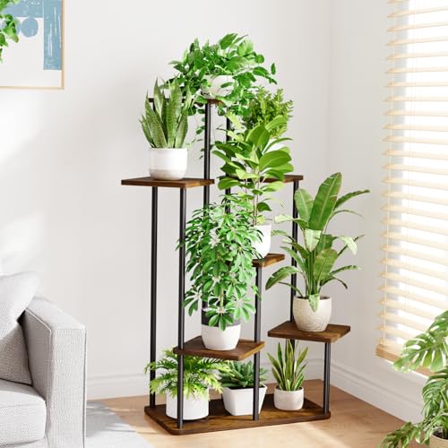 Large Plant Stand Indoor Tall Metal Plant Shelf (Brown Oak / 7 Tier)