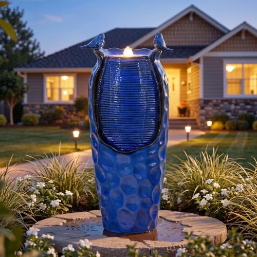 Autodaya 33" Vase Ceramic Outdoor Water Fountain with Lights and Birds (33"h-hammered Cobalt Blue)