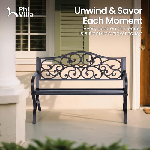 50 Inches Cast Iron Steel Frame Outdoor Garden Bench (Black)
