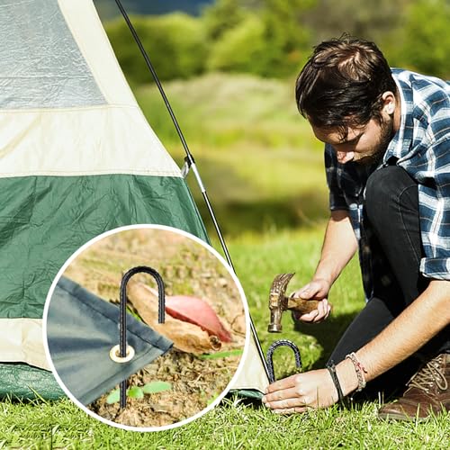 Rebar-Stakes-12Inch,J Hooks Ground Stakes Anchors for Gardening Black Coated Ground Stakes 16pcs Anti-Rust Heavy Duty Dog Fence Fixed Water Pipes Soccer Goals Tent Camping Trampoline (J-12in-1/4-16pcs / Black-J-HOOK)