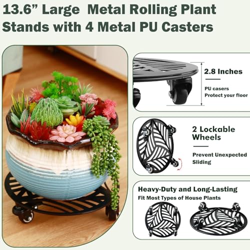 3 Packs Metal Plant Caddy with Wheels 14 inches Heavy (14")