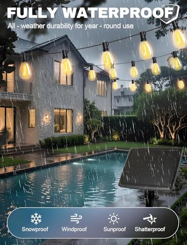 60FT Solar String Lights Outdoor with Remote and 16+2 LED Shatterproof Bulbs Dimmable & Timing 3 Light Modes Solar Patio String Lights for Cafe (60FT-Solar)