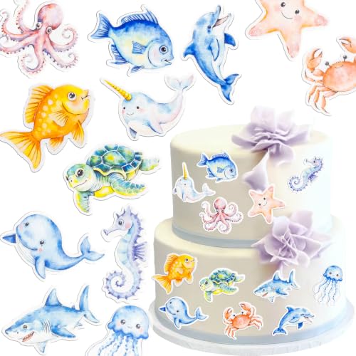 60Pcs Edible Ocean Animal Cupcake Topper Edible Starfish Octopus Crab Jellyfish Dolphin Starfish Seahorse Cupcake Picks for Under the Sea Baby Shower Boys Girls Birthday Party Decorations (Multi)