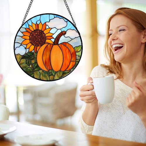 Fall Pumpkin Sunflower Stained Glass Window Hanging Suncatcher Gifts 9.8"