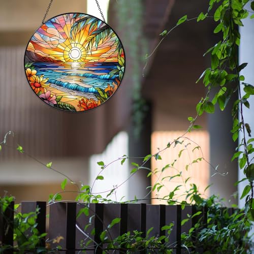 Beach Sunset Sun Catcher Stained Glass Window Hanging 9.8'' (Beach Sunset / 9.8inch)