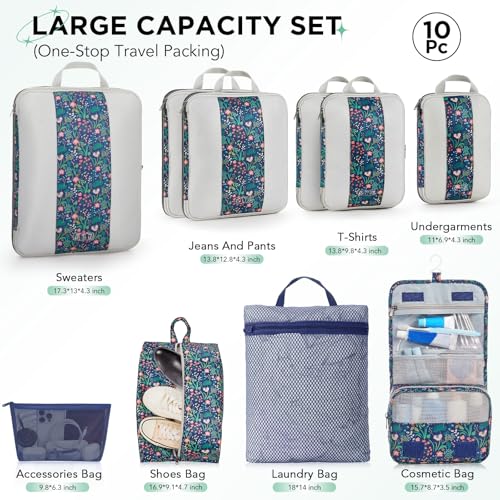 10 Set Compression Packing Cubes for Travel Essentials (Dark Blue Floral)