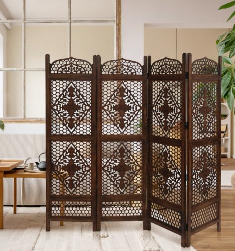 Room Divider Wooden Foldable Hand Carved Screens Panel_80" Wx72 H_4Panel (Burnt / 80"W x 72"H - Minar)