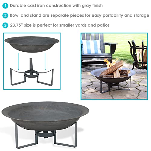 Sunnydaze 24 Inch Cast Iron Modern Outdoor Fire Pit Bowl with Stand