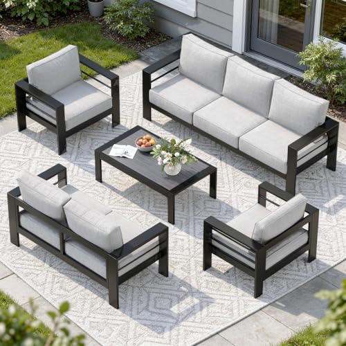 Aluminum Patio Furniture Set for All Weather (Black and Light Gray / 2 Armchair+Loveseat+3-Seat Sofa+Wood Top Table)