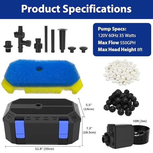 550GPH Pond Fountain Filter Kit with 3 Spray Patterns