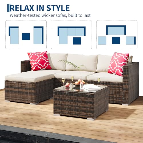 5-Piece All-Weather Patio Furniture Set, Convertible Outdoor Sectional Sofa with Ottoman & Tempered Glass Table, PE Rattan Conversation Set for Garden, Backyard, Porch, Poolside (Brown/Beige / 5 Pieces)