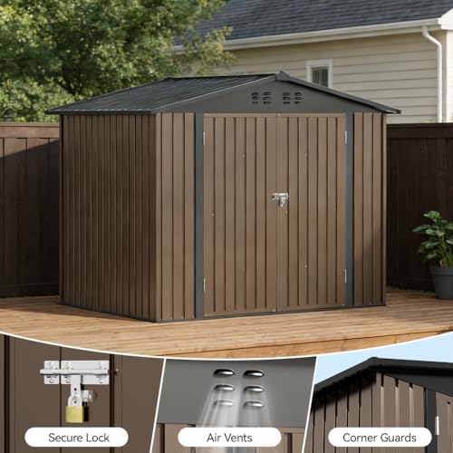 Shed Storage Outdoor Metal Windowed Lockable Weatherproof Ventilated Backyard Garden Utility Workshop (Brown / 8'*6')
