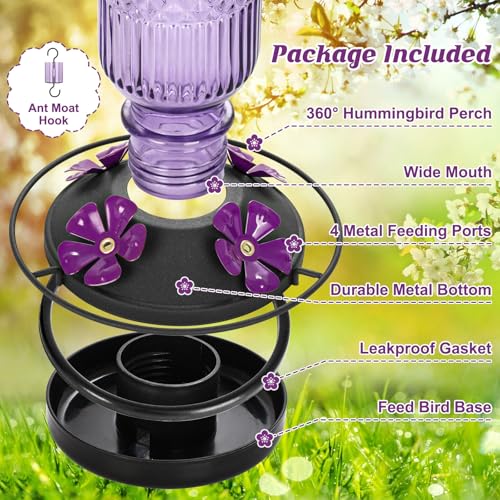 Glass Hummingbird Feeder for Outdoors Hanging (Purple)