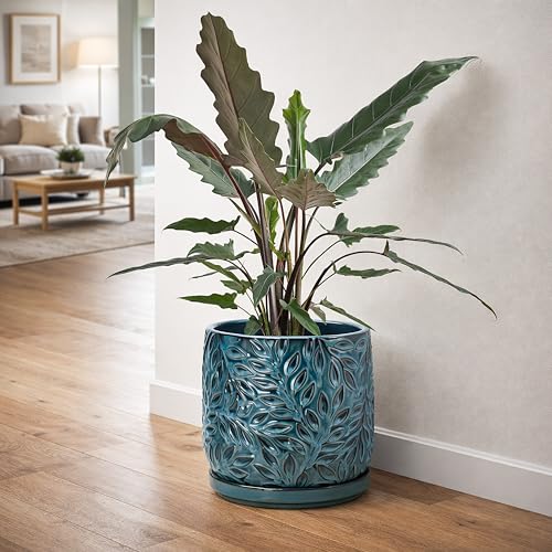 Embossed Leaves Ceramic Planter (8 Inch / Ocean Teal)