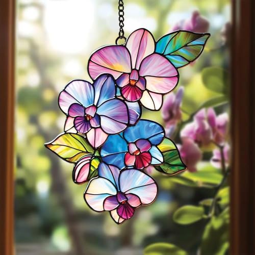 Orchid Flower Acrylic Suncatcher Faux Stained Glass Window Hanging Orchid Lover Gift Yard Kitchen Decor (1-fba-ett-evg-a354-q / 6")
