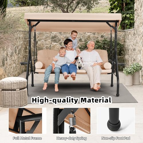 3 Seat Porch Swing with Adjustable Canopy (Khaki)