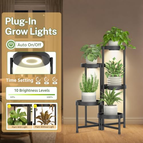 5 Tiered Plant Stand Indoor with Grow Lights (Natural Black with Light / 5 Tier)