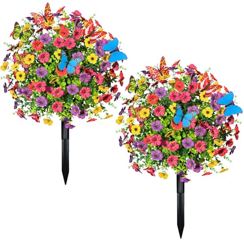 2 PCS Artificial Boxwood Topiary Ball Trees with Flowers (Mix With Butterfly)
